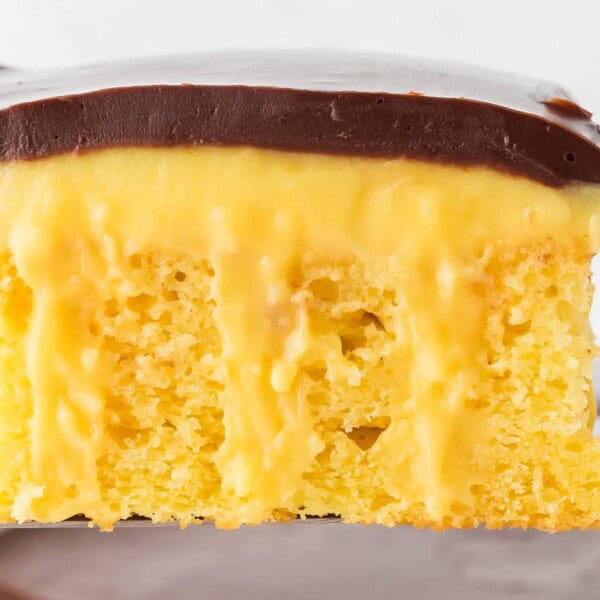 A close-up of a slice of yellow cake with yellow custard and thick chocolate frosting, resting on a cake server.