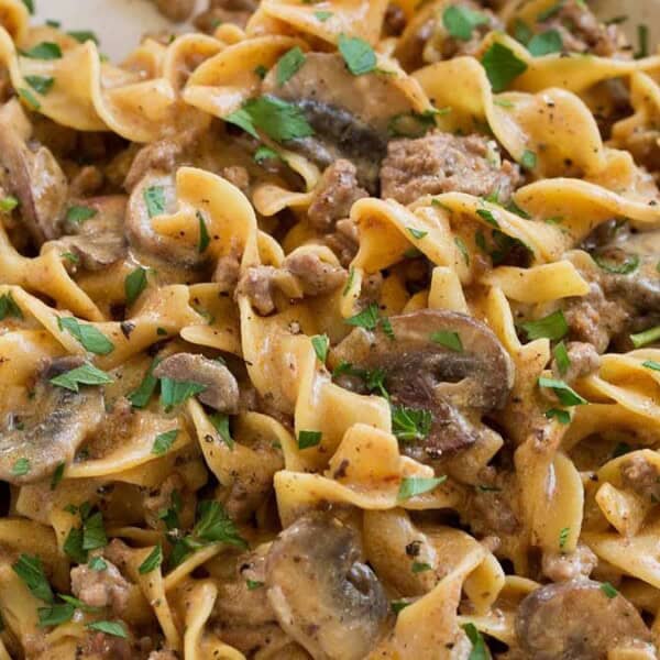 A plate of creamy beef stroganoff with egg noodles, mushrooms, and garnished with parsley. A fork rests on the side.
