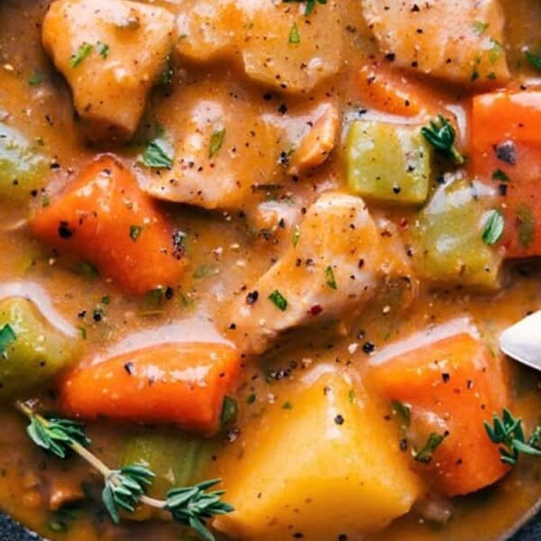 A bowl of stew with chunks of carrots, celery, potatoes, and meat in brown broth, garnished with herbs; spoon on the side.