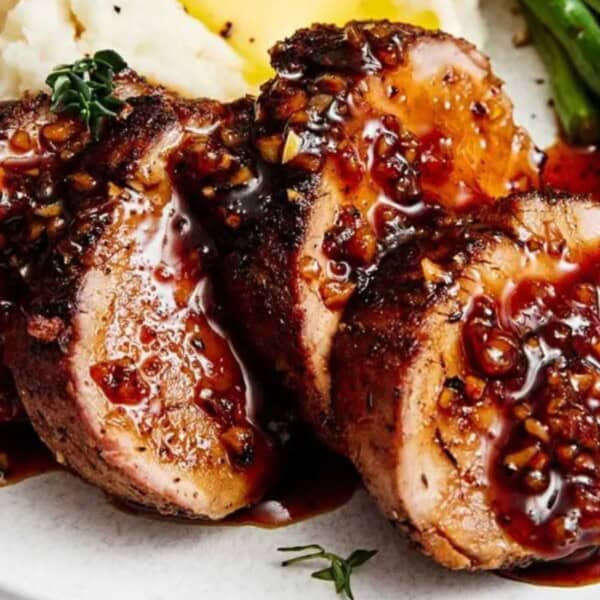 Three slices of pork tenderloin with a dark glaze, mashed potatoes, and green beans on a white plate.