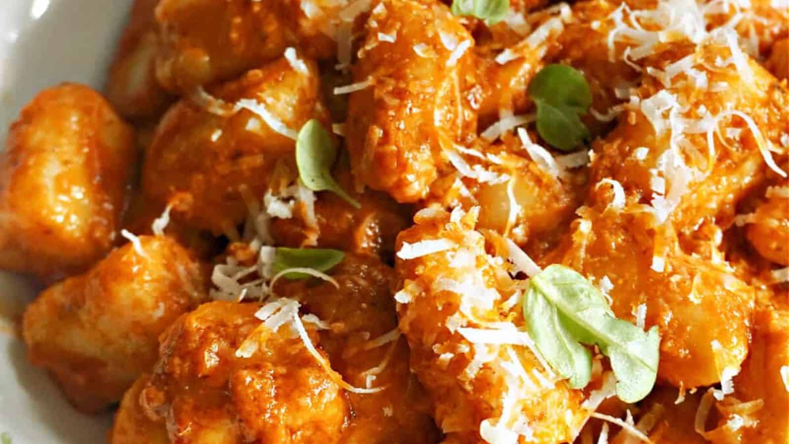A plate of gnocchi with tomato sauce, grated cheese, and fresh basil leaves.