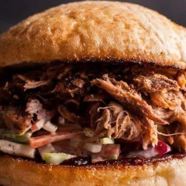 A toasted bun filled with pulled pork, topped with coleslaw and barbecue sauce, set against a neutral background.