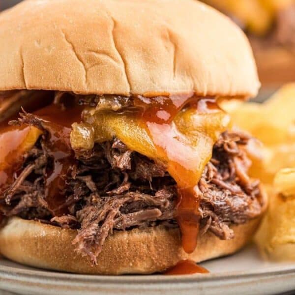 A sandwich on a bun filled with shredded beef, melted cheese, and barbecue sauce, served alongside potato chips.