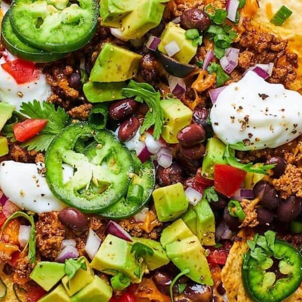 A plate of nachos with ground meat, melted cheese, black beans, jalapeño slices, avocado cubes, tomato pieces, sour cream, chopped red onions, and cilantro.