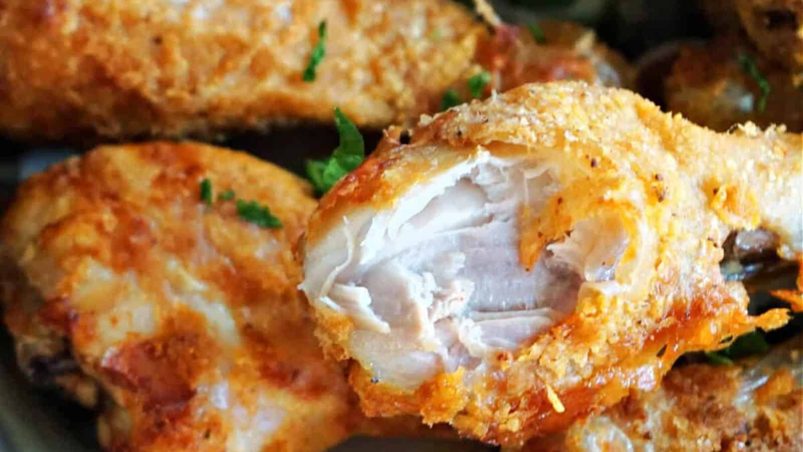 A close-up view of crispy fried chicken drumsticks, one of which is partially eaten to reveal tender white meat inside.