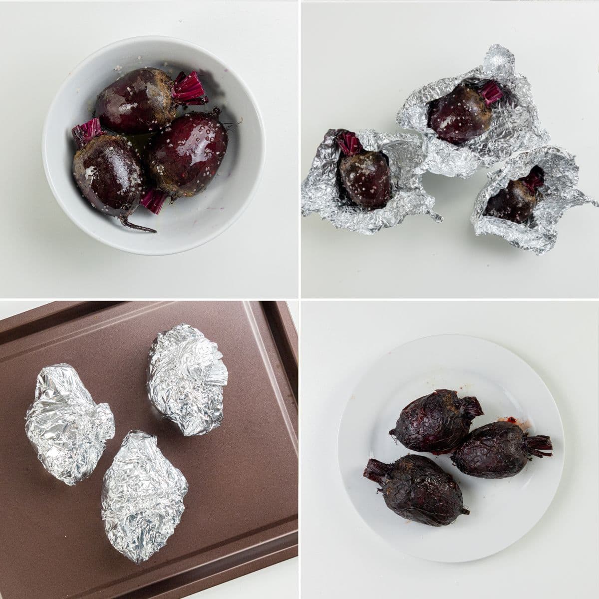 A bowl of beets, beets wrapped in foil, foil-wrapped beets placed on a baking tray, and unwrapped roasted beets arranged on a plate.