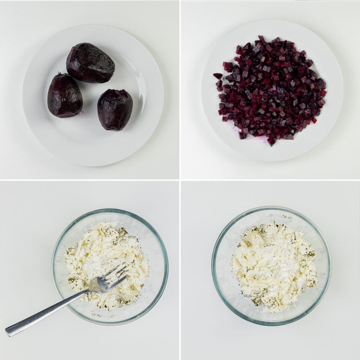 A collage of four images features: whole cooked beets, diced beets, a bowl containing a dry flour mixture with a fork, and a bowl of flour mixture combined with herbs.