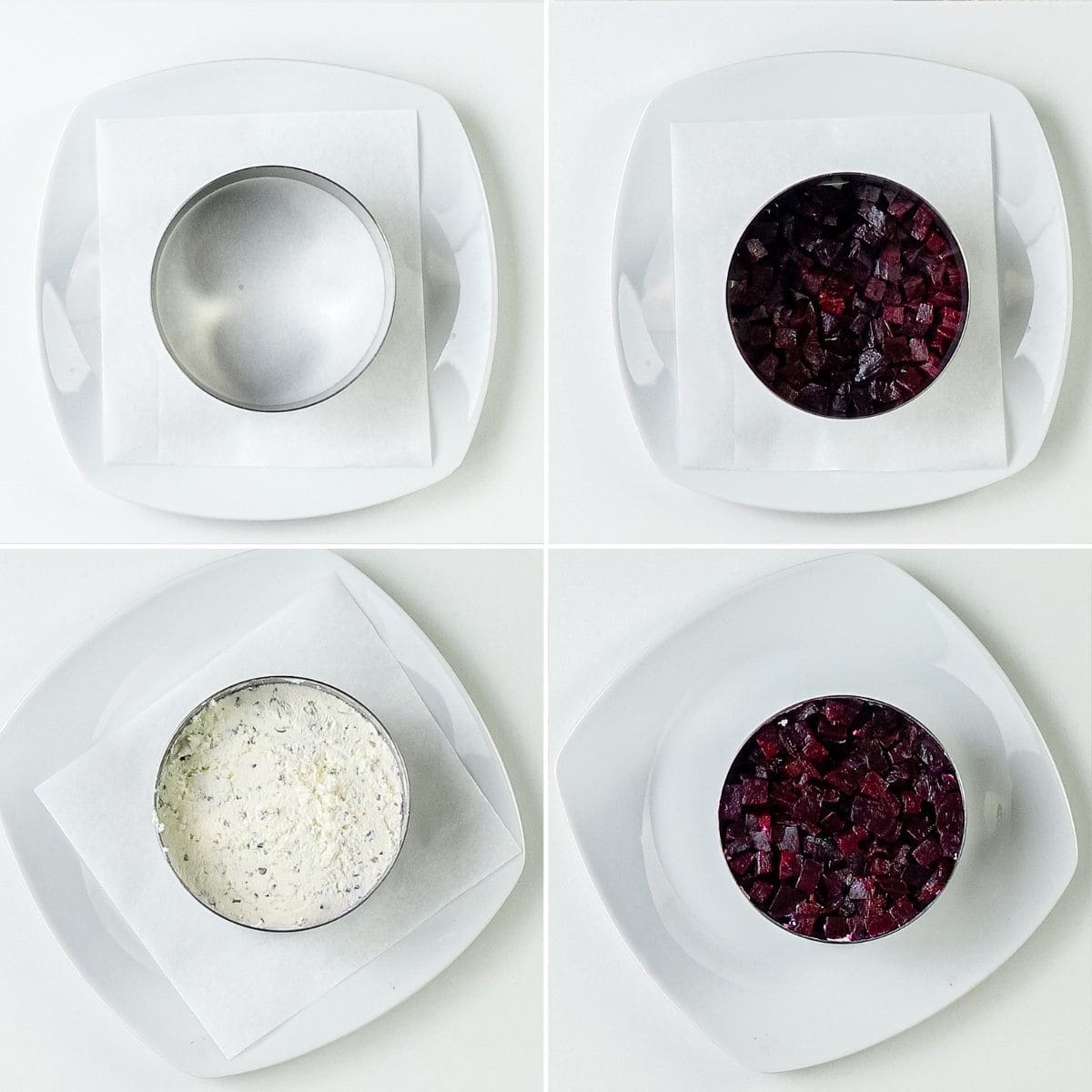 A four-panel image showing: 1. A round mold placed on a white plate lined with parchment paper, filled with a layer of diced beets. 2. The addition of a creamy mixture spread evenly over the beets inside the mold. 3. Further layering and patting down of ingredients within the mold using a spoon. 4. The completed layered dish inside the round mold on the parchment-lined plate.