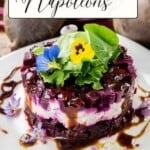 The image shows a plated beet napoleon layered with goat cheese, topped with mixed greens and edible flowers, and drizzled with balsamic glaze. The text in the image reads "Beet Napoleons" and "Not Entirely Average.