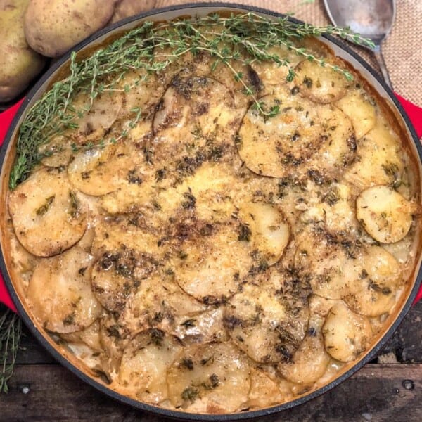 A casserole dish filled with sliced potatoes, topped with melted cheese and sprinkled herbs, sits on a wooden table. Sprigs of fresh thyme and whole potatoes are arranged nearby.