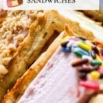 Neapolitan waffle ice cream sandwiches topped with nuts and colorful sprinkles. Text overlay present.