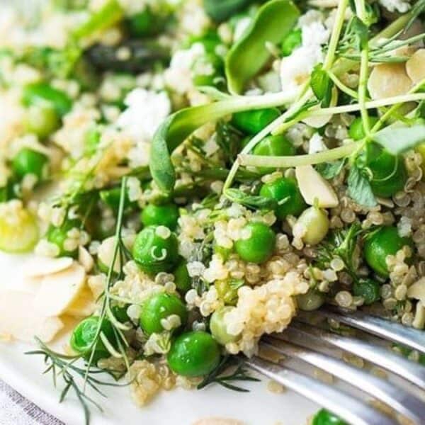 A plate containing quinoa, green peas, sliced green onions, leafy greens, herbs, and crumbled cheese; a fork rests on the plate.