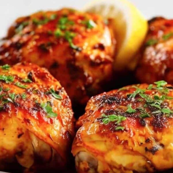 Four pieces of roasted chicken garnished with chopped herbs are arranged on a plate, with lemon wedges in the background.