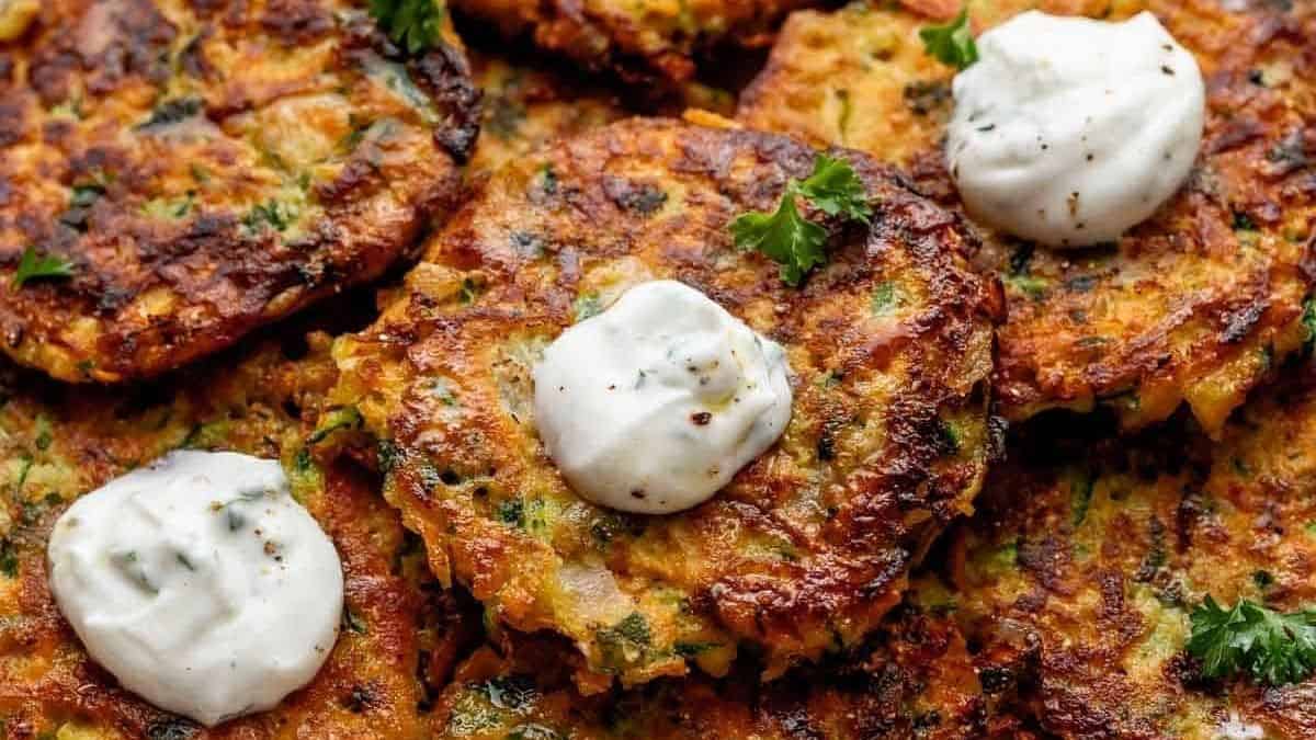 Golden-brown vegetable fritters topped with sour cream and sprinkled with fresh herbs.