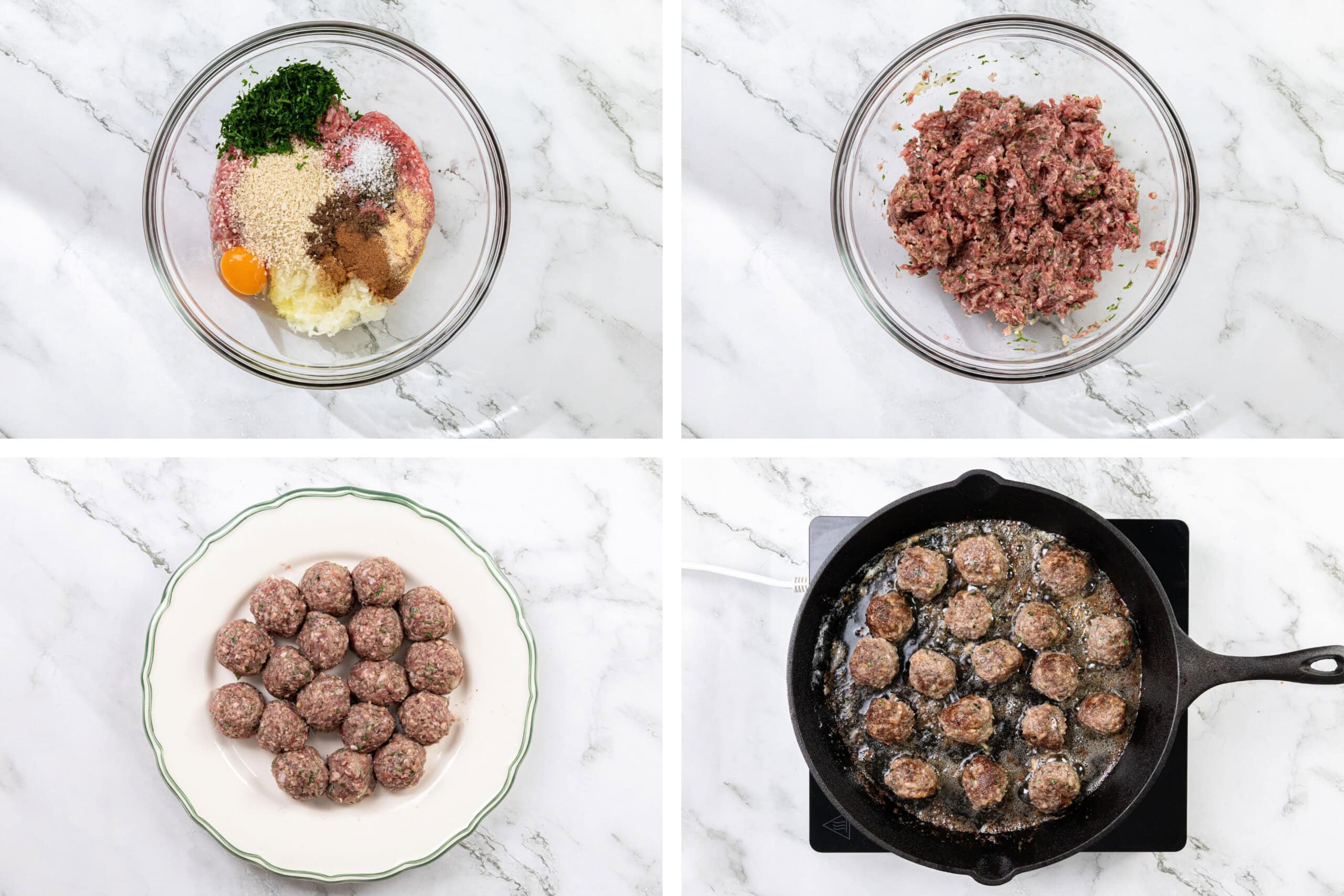 Four images: ingredients in a bowl, combined meat mixture, raw meatballs on a plate, and meatballs cooking in a skillet on the stovetop.