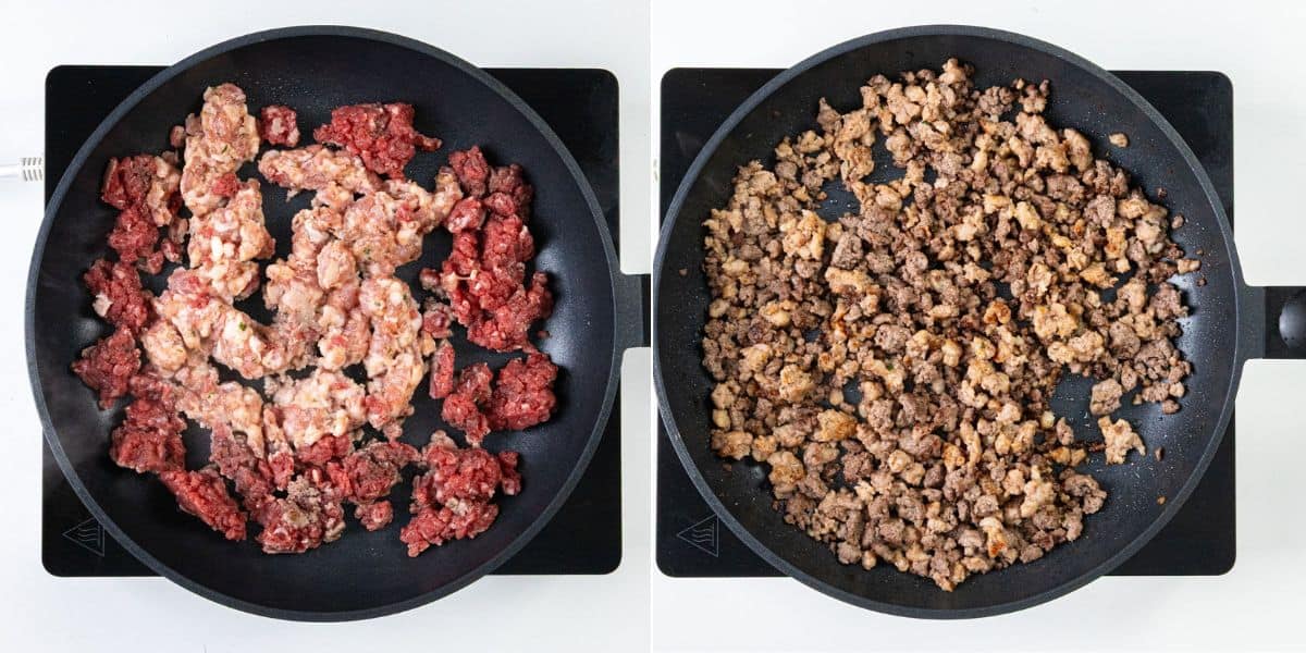 Side-by-side images of ground beef in a skillet: the left side shows raw and partially cooked meat, while the right side displays fully browned, cooked meat.