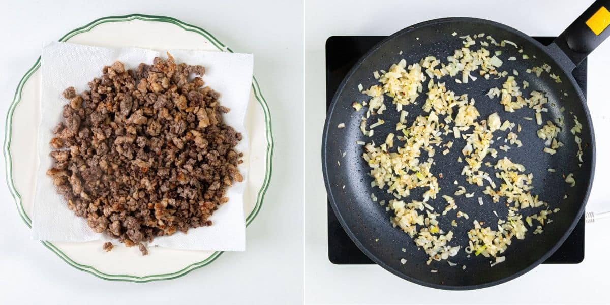 Left: Cooked ground beef on paper towels. Right: Chopped onions and garlic in a black frying pan on a stovetop.