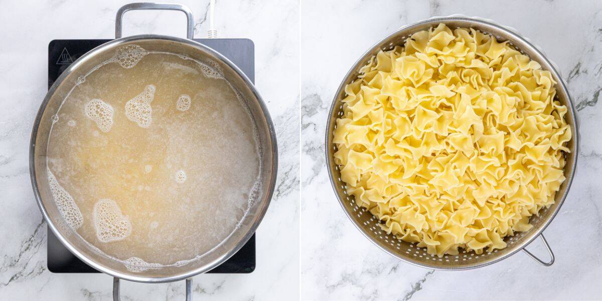 Left: Pasta boiling in a pot of water on a stovetop. Right: Cooked pasta in a metal colander on a marble surface.