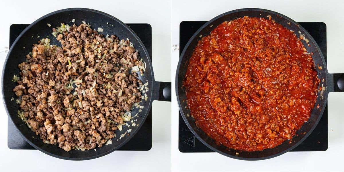 Side-by-side images of a skillet: the left image contains browned ground meat with diced onions; the right image shows the same skillet with the meat and onions combined with a red tomato sauce.