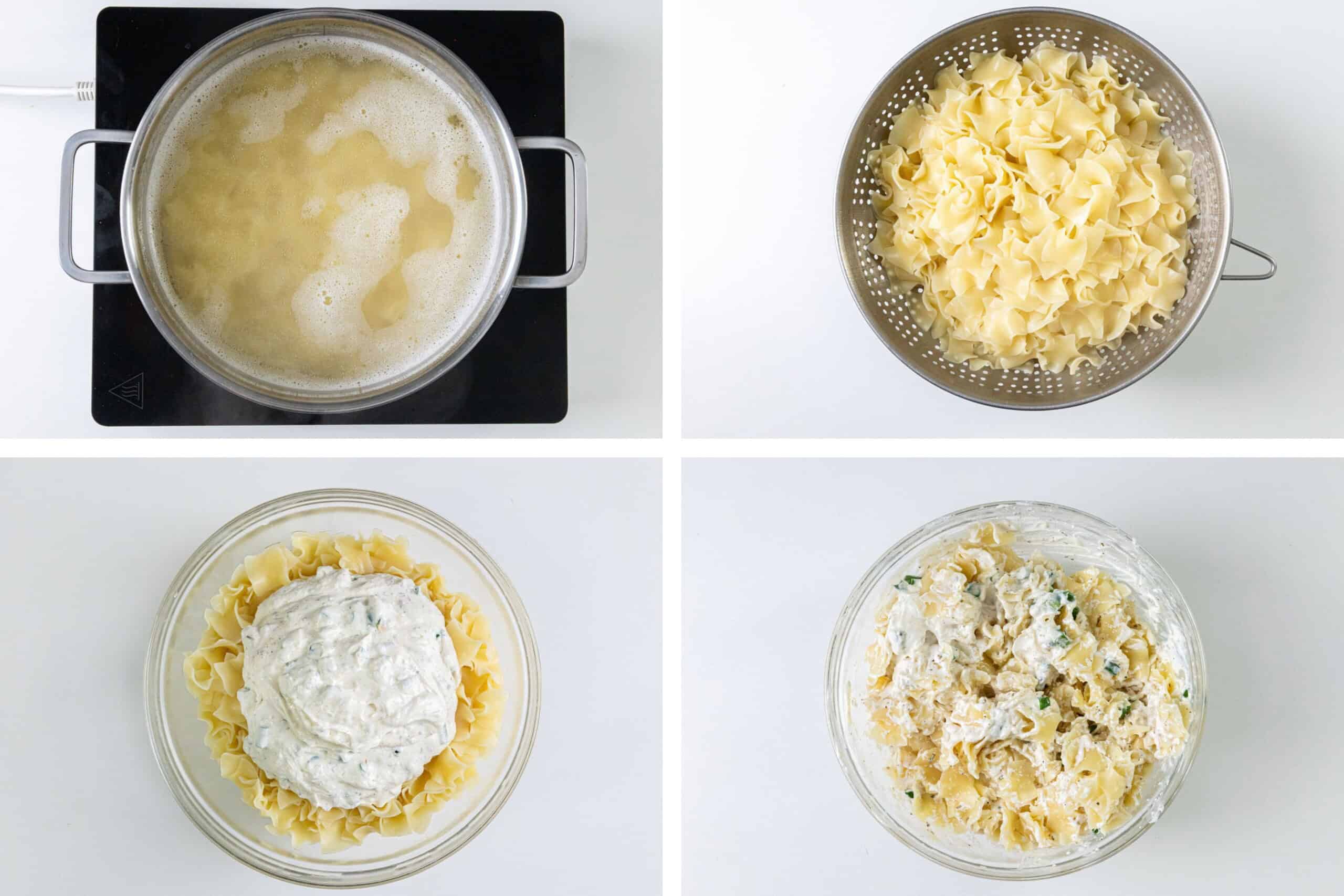 A pot of boiling pasta, drained pasta in a colander, pasta with ricotta mixture in a bowl, and the combined ingredients in a clear bowl.