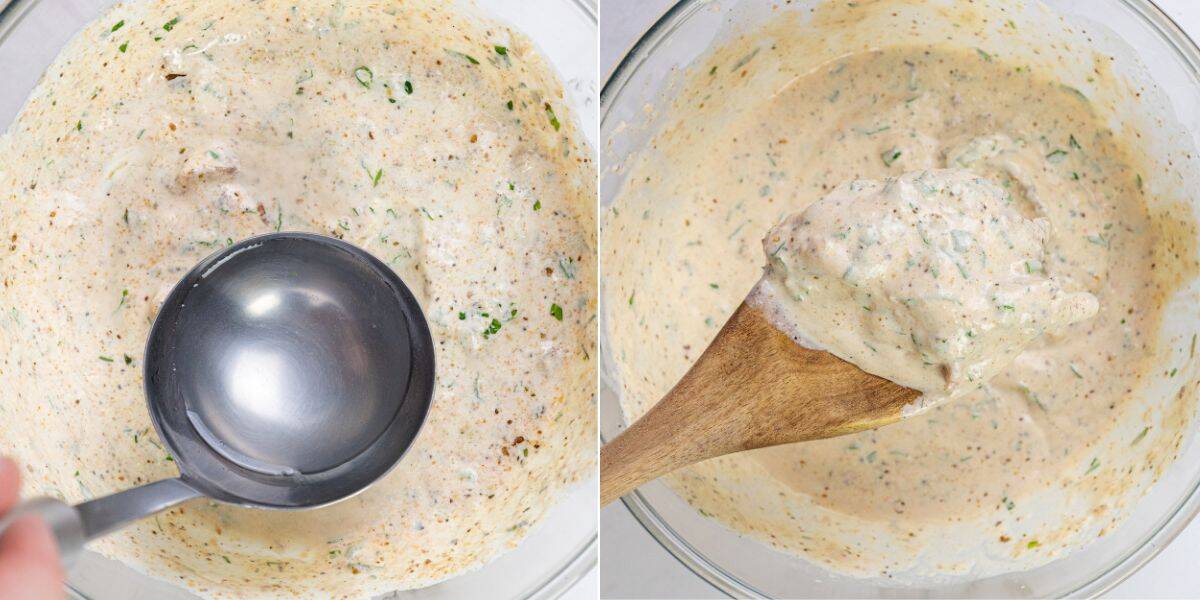 A glass bowl filled with creamy, seasoned batter. In one image, a ladle is positioned above the bowl; in the other, a wooden spoon lifts some of the mixture.