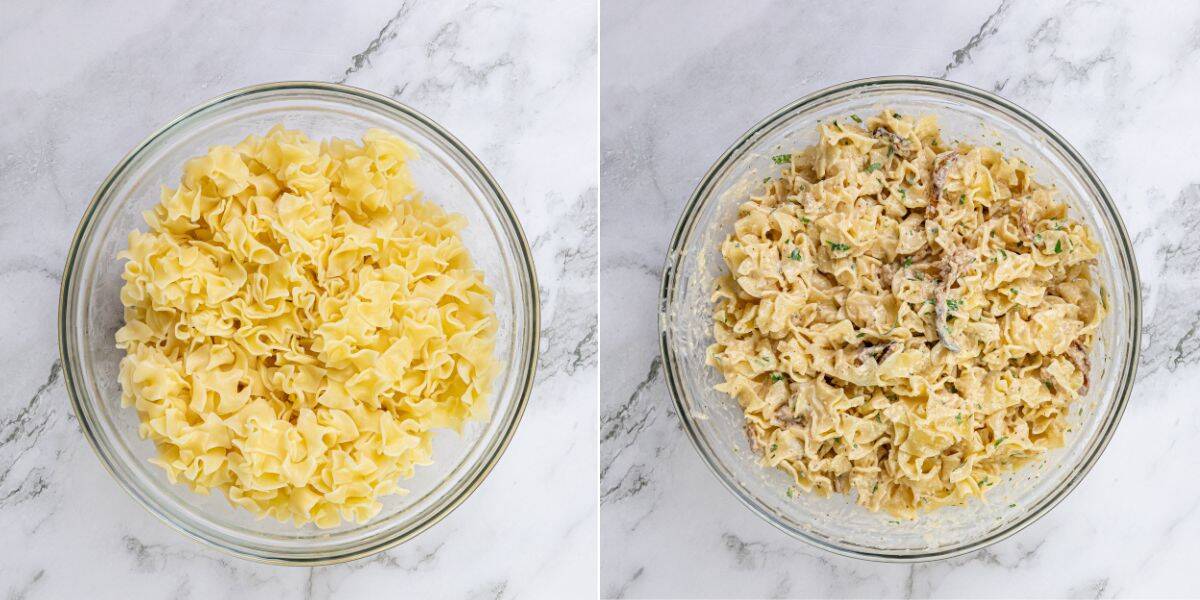 A bowl of plain cooked egg noodles sits on the left, while on the right, the noodles are coated in a creamy sauce and garnished with herbs.