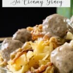 A plate of meatballs topped with creamy gravy, egg noodles, and caramelized onions.