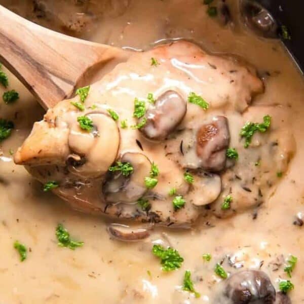 A wooden spoon holds a piece of chicken covered in creamy mushroom sauce and sprinkled with chopped parsley.