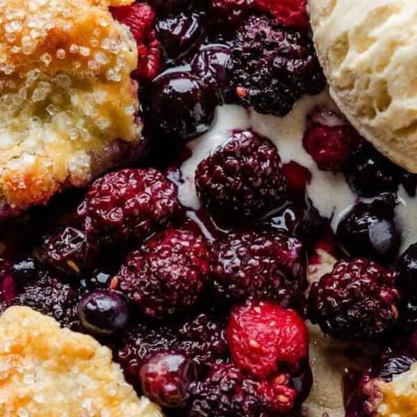 A golden, sugared pastry crust filled with mixed berries and topped with a scoop of vanilla ice cream.