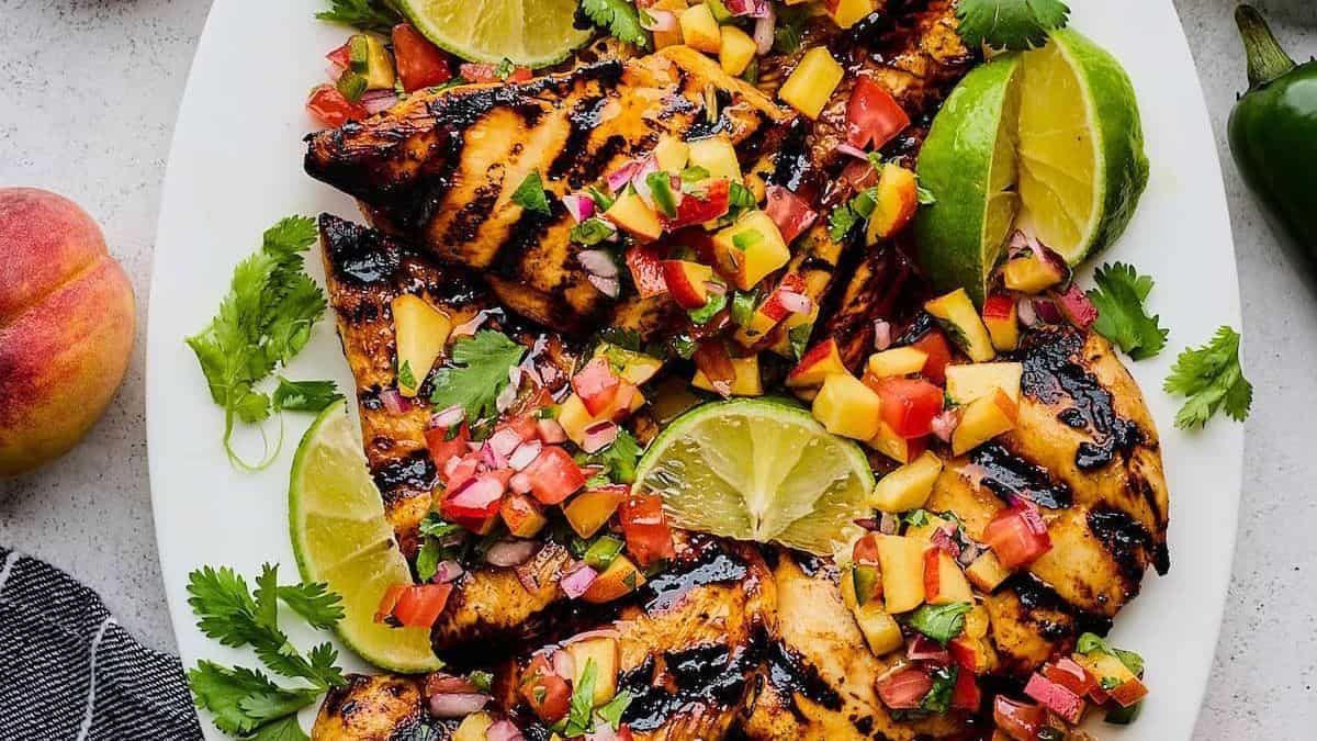 Grilled chicken breasts topped with a peach salsa, garnished with cilantro and lime wedges on a white plate.