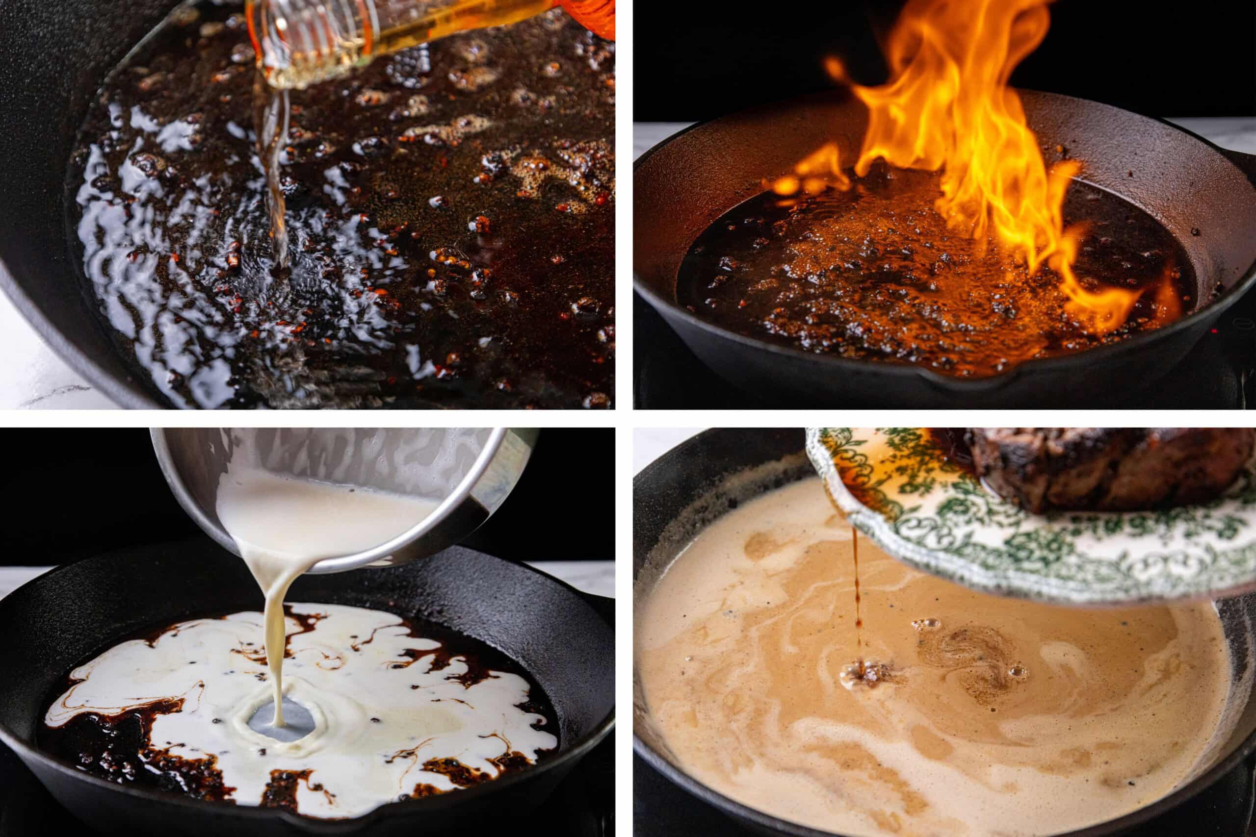 Four panels: liquid poured into a cast iron pan, flames rising, cream added, sauce stirred with a spoon.
