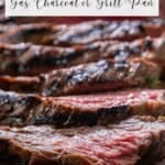 Sliced grilled steak with a seared dark exterior and pink interior, with an informational text overlay about grilling methods.