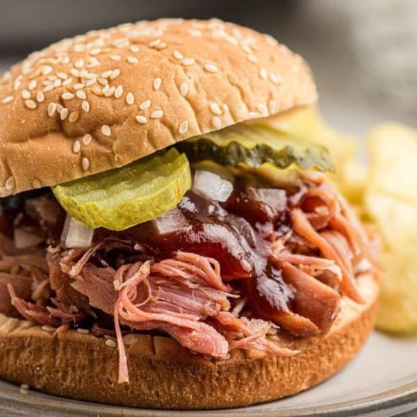 A pulled pork sandwich with barbecue sauce, sliced pickles, and onions on a sesame seed bun, served with potato chips on a plate.