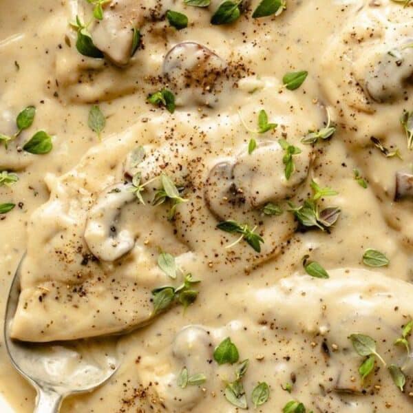 Chicken breasts covered in creamy mushroom sauce, topped with herbs and black pepper, on a white dish with a spoon.