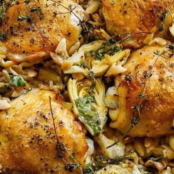 Chicken thighs, artichokes, herbs, and pasta baked in a skillet, topped with thyme; golden brown and lightly seasoned.