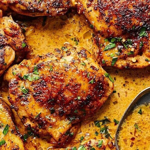 Chicken thighs in creamy sauce, topped with chopped herbs, with a spoon in the pan.