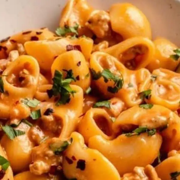 Pasta shells in creamy tomato sauce, topped with chopped parsley and red pepper flakes, served in a bowl with a fork beside.