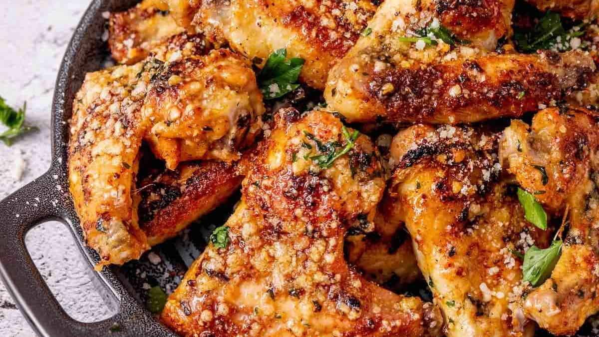 Crispy baked chicken wings in a pan, topped with grated cheese, herbs, and sprinkled seasonings.