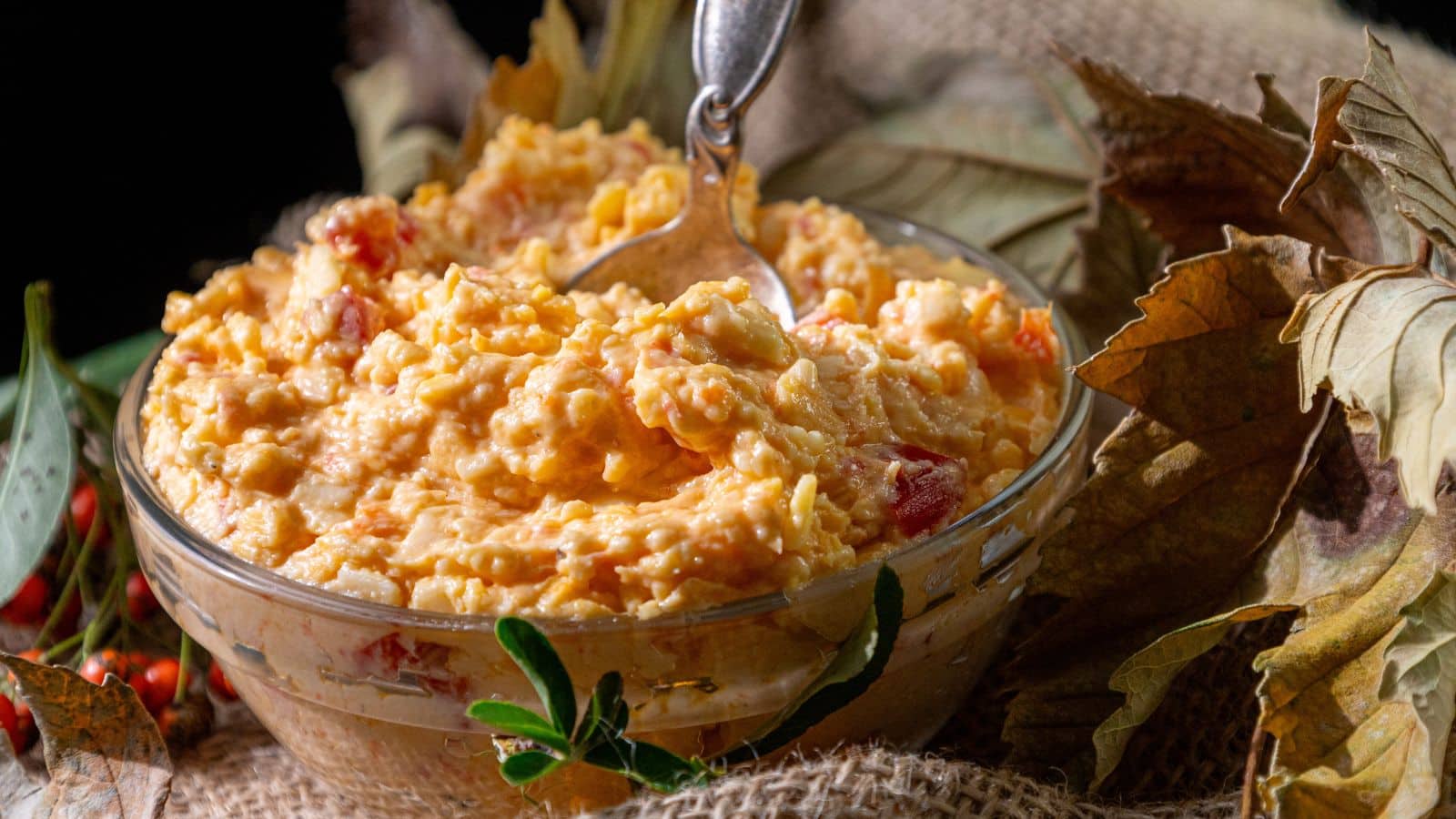 A glass bowl of pimento cheese spread with a spoon, dried autumn leaves, and a piece of burlap cloth.