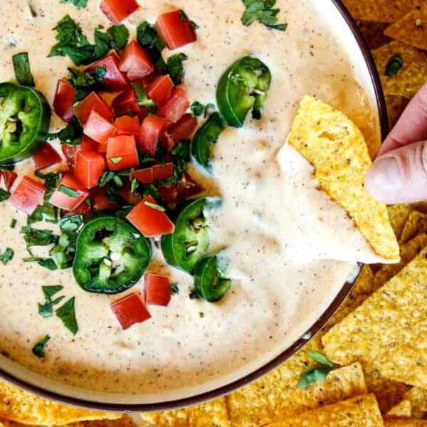 A hand dips a tortilla chip into queso dip topped with diced tomatoes, jalapeños, and chopped cilantro, surrounded by chips.