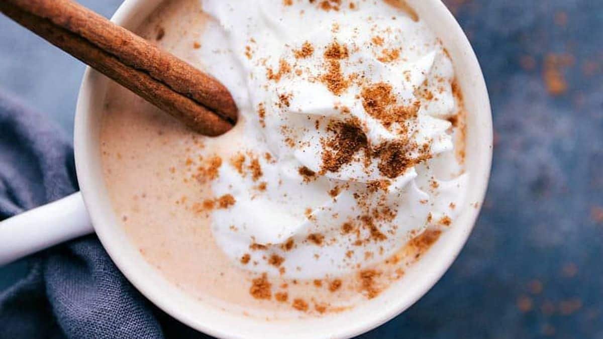 A mug of creamy beverage topped with whipped cream, cinnamon sprinkles, and a cinnamon stick garnish.
