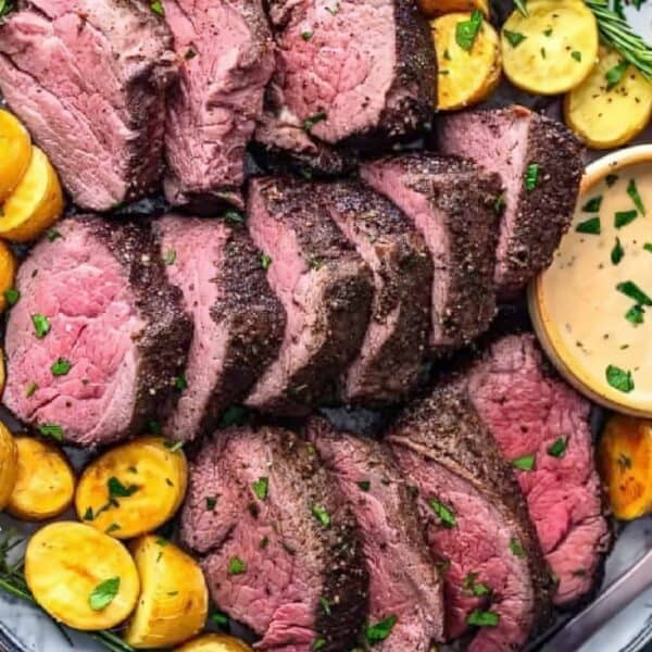 Sliced medium-rare roast beef on a platter with roasted yellow potatoes, fresh herbs, and a bowl of creamy sauce.