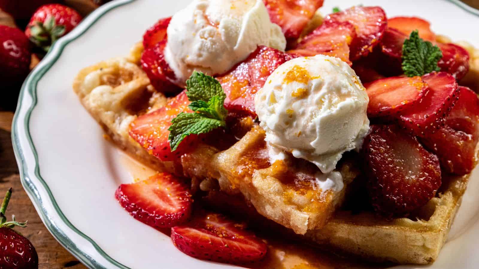 Waffles on a plate with sliced strawberries, two scoops of vanilla ice cream, and mint leaves on top.