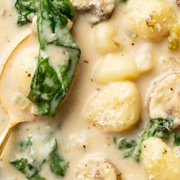 Gnocchi, spinach, and mushrooms in a creamy light broth, served in a white bowl with a ladle.