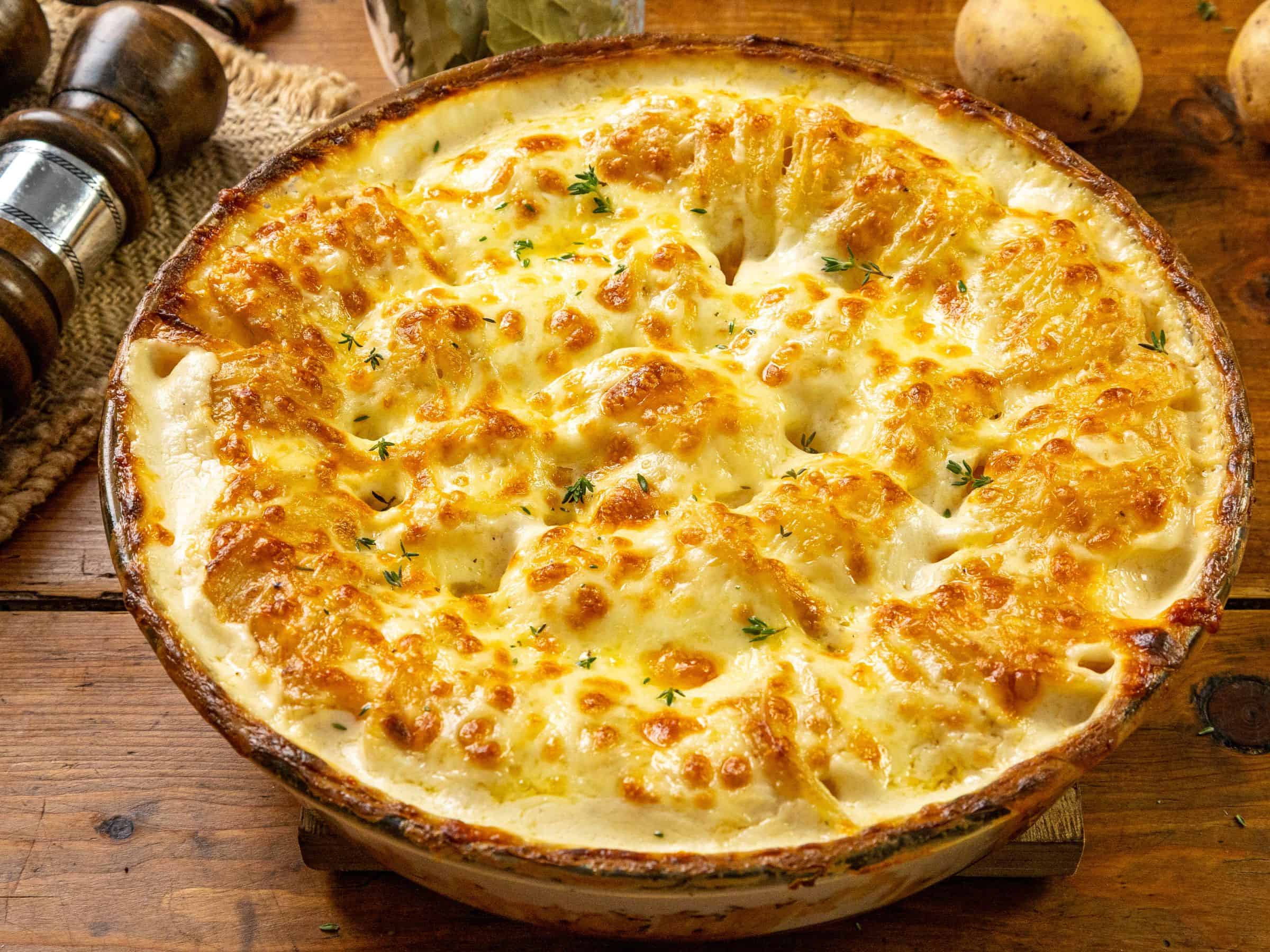 A baked gratin dauphinois casserole with golden cheese and herbs sits on a wooden table with potatoes and pepper grinders nearby.