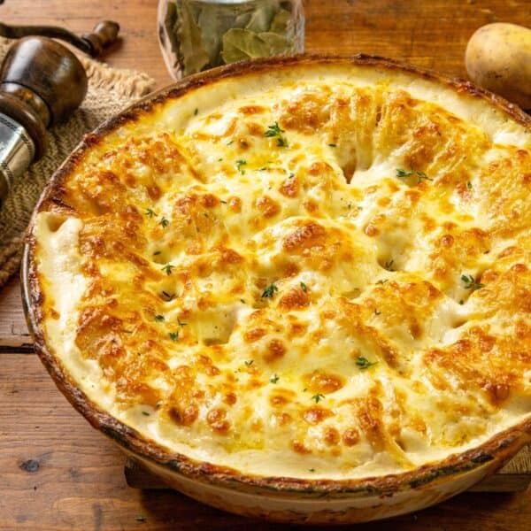 A baked shepherd's pie topped with golden, melted cheese sits on a wooden table, garnished with fresh herbs.